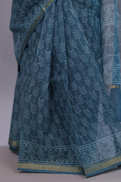 Pure Kota Doria Saree with Bagru Handblock Prints – Teal Blue | Looms&Tassels