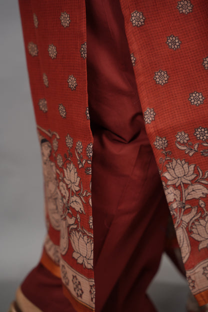 Maroon Kalamkari Kota Cotton 3 piece suit (stitched) | Looms & Tassels