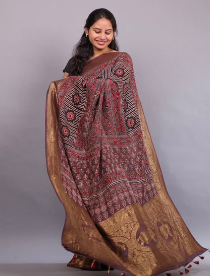 Brown Flower Butta Authentic Ajrakh Hand Block printed Dola Silk Saree | Looms & Tassels