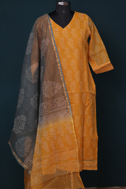 Yellow Handblock printed kota 3 piece suit (stitched)