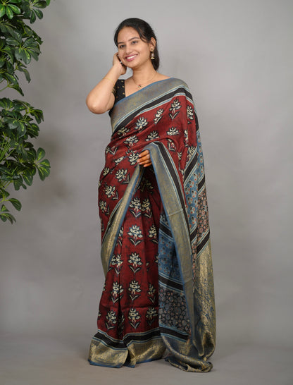 Ajrakh Dola Silk Saree - Brick Red | Looms & Tassels