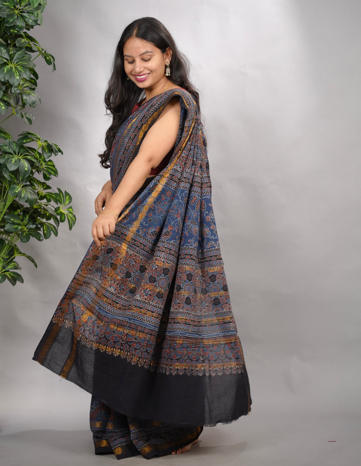 Indigo Ajrakh Hand Block Printed Sungudi Cotton Saree | Looms & Tassels