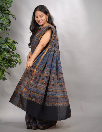 Indigo Ajrakh Hand Block Printed Sungudi Cotton Saree | Looms & Tassels