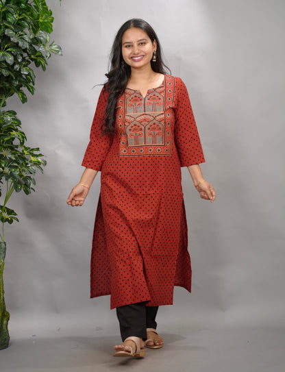 Maroon Ajrakh Pattern Hand Block printed Kurti | Looms & Tassels