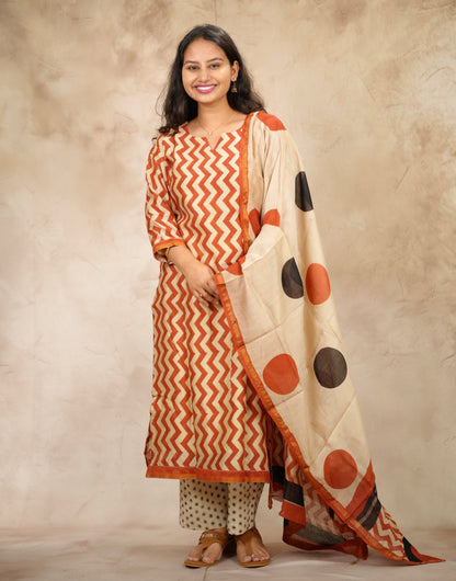Handblock printed Pure Chenderi Silk 3 piece suit (stitched) |  Looms & Tassels