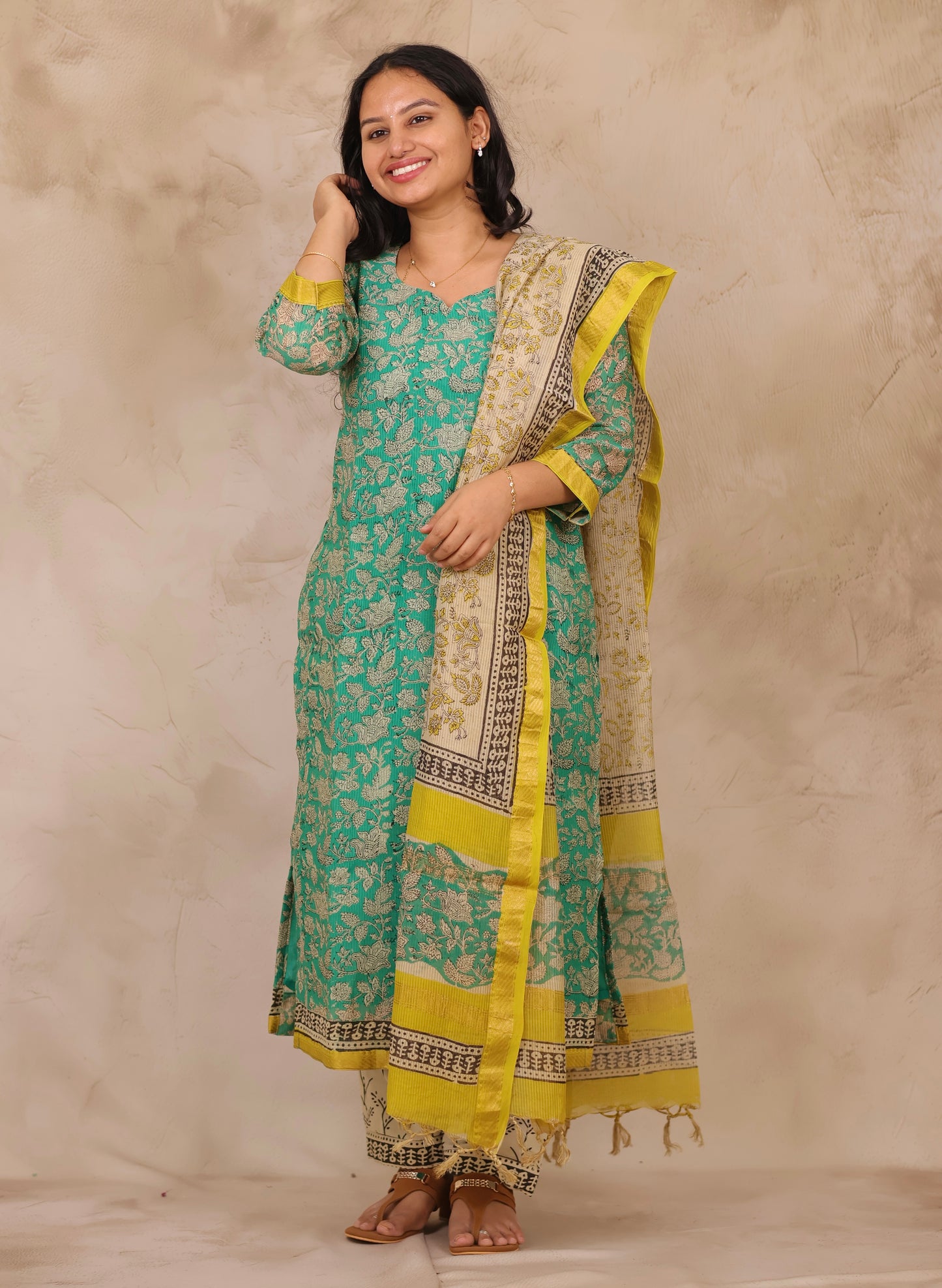 Sea Green Handblock printed Pure Maheswari Silk 3 piece suit (stitched)