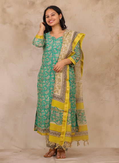 Sea Green Handblock printed Pure Maheswari Silk 3 piece suit (stitched)