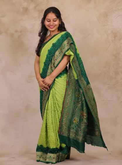 Dual Shade Green Handcrafted Bandhani Paithani Dola Silk Saree | Looms & Tassels