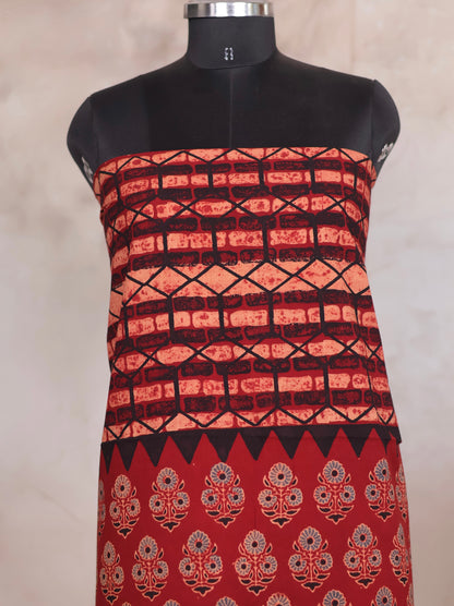 Maroon Ajrakh Handblock Printed Pure Cotton 3 piece suit set | Looms & Tassels