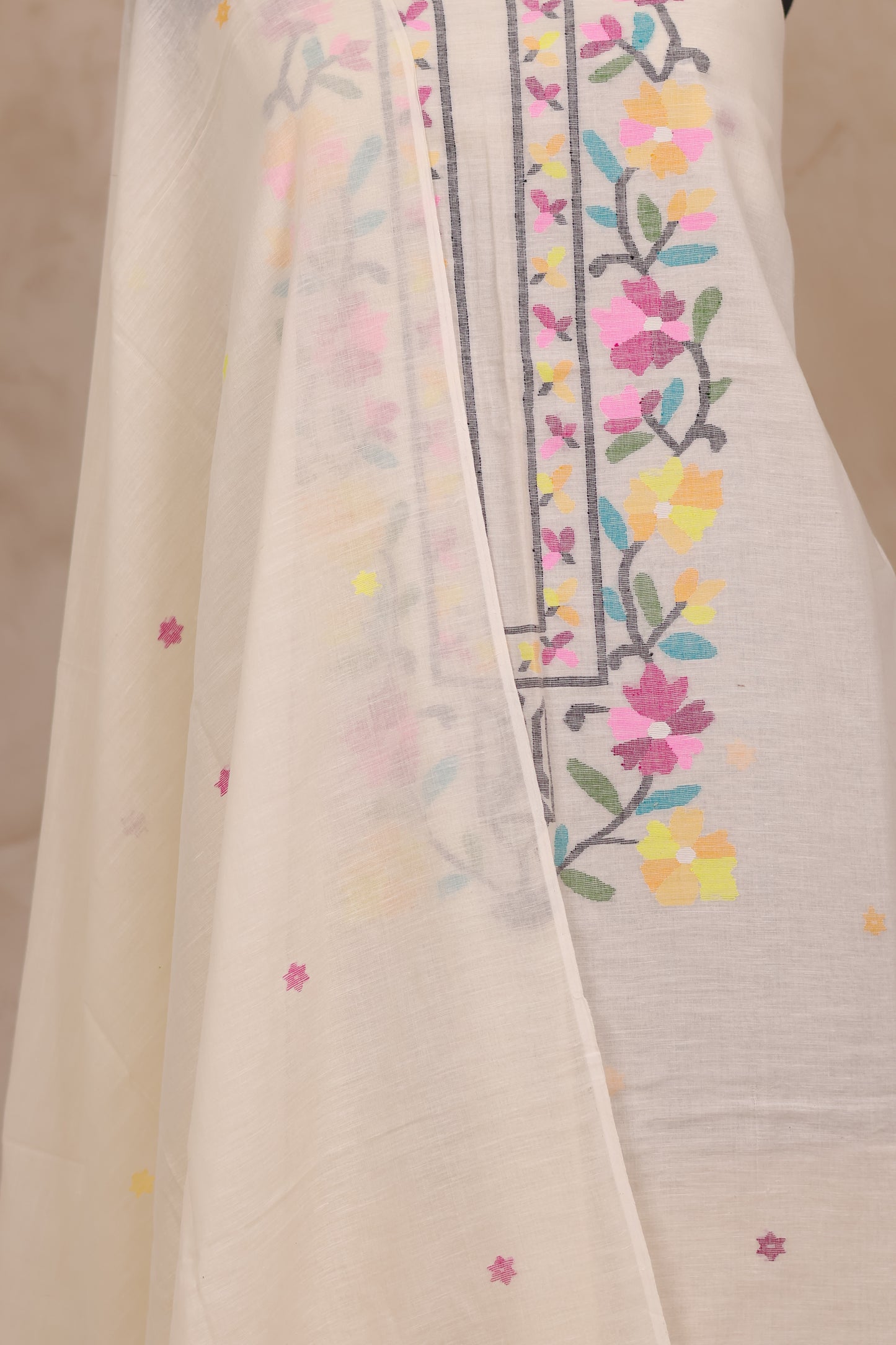 Off White Handwoven Jamdhani weaving pure Malai cotton 2 piece suit sets | Looms & Tassels