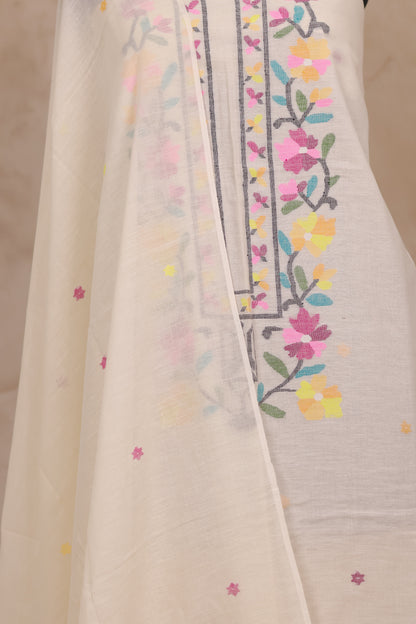 Off White Handwoven Jamdhani weaving pure Malai cotton 2 piece suit sets | Looms & Tassels