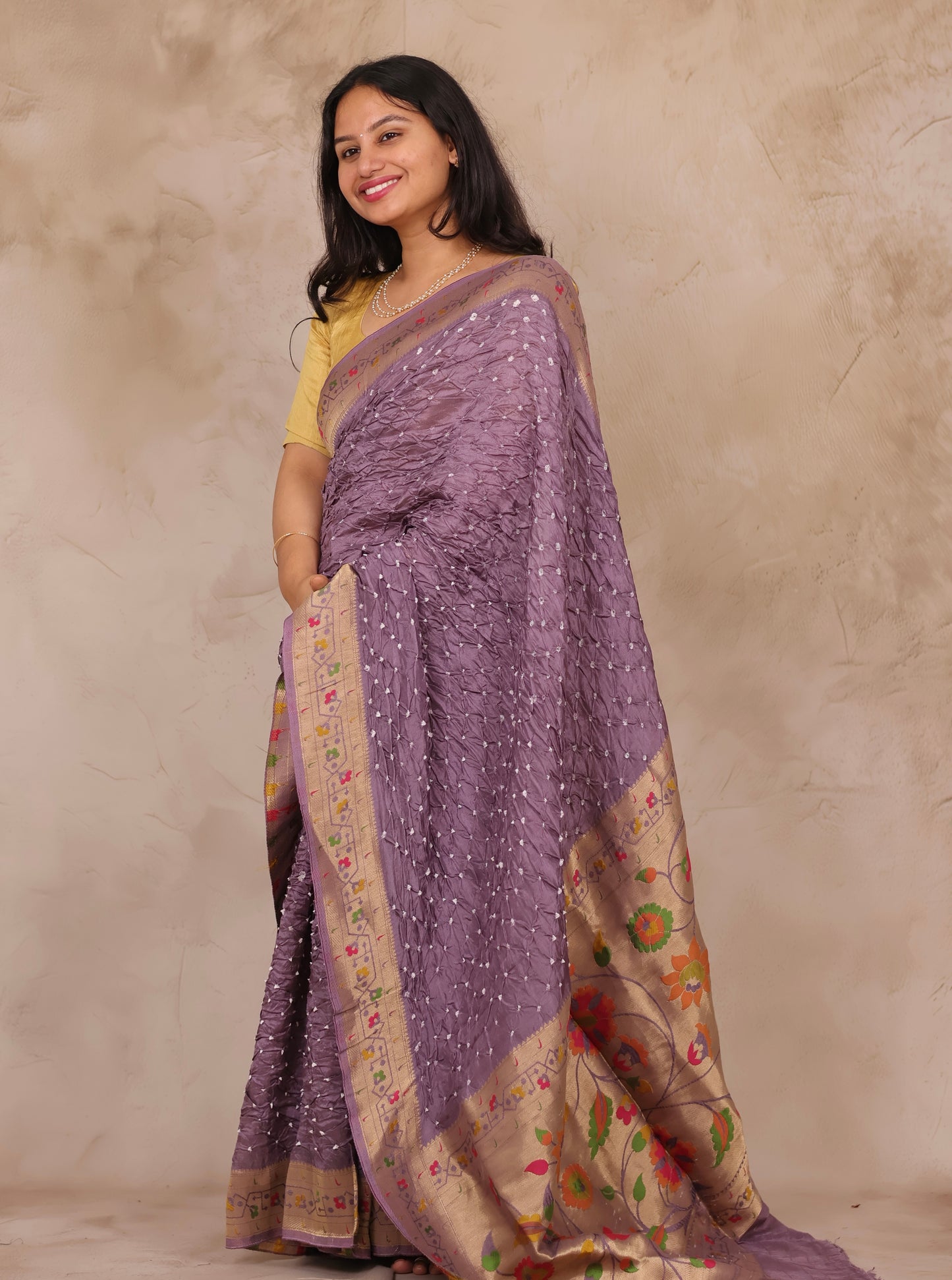 Dusty Lavender Handcrafted Bandhani Paithani Dola Silk Saree | Looms & Tassels