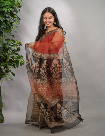 Maroon Pure Kota Doria Saree with Bagru Handblock Prints