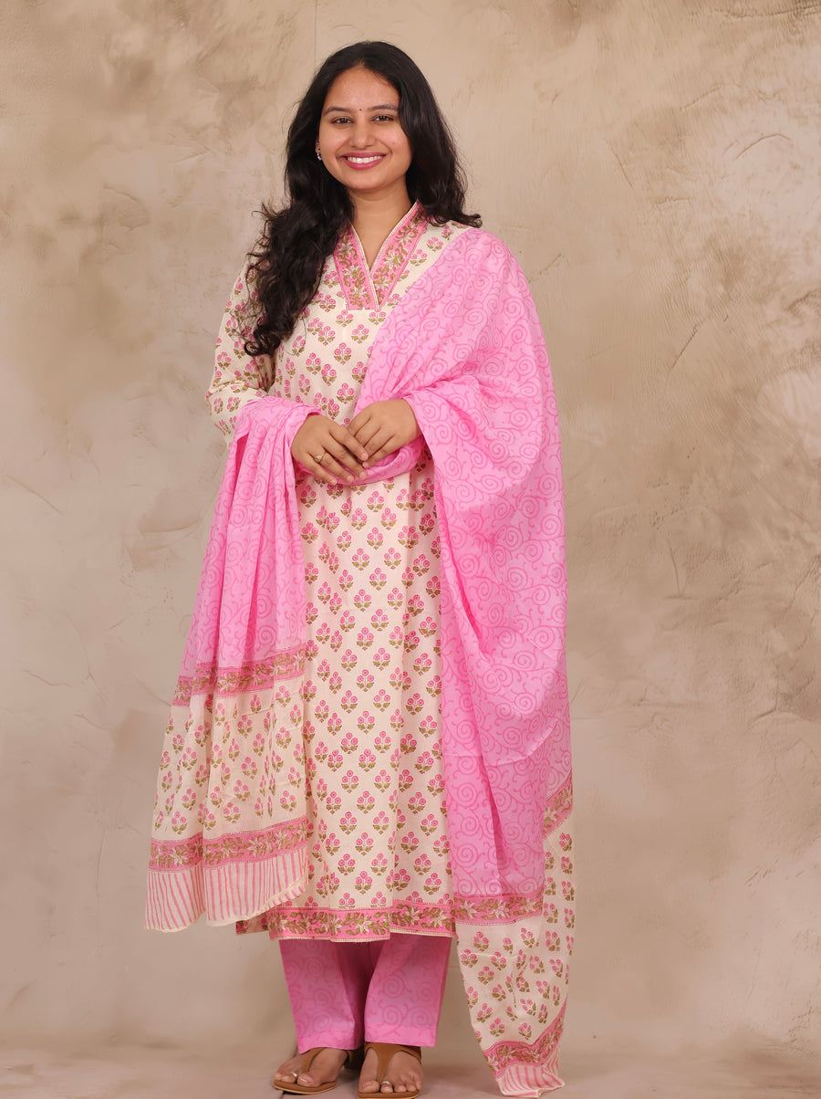 Off White & Pink Handblock printed Pure Mul Cotton with Kota Doria Duppata 3 piece suit (stitched)