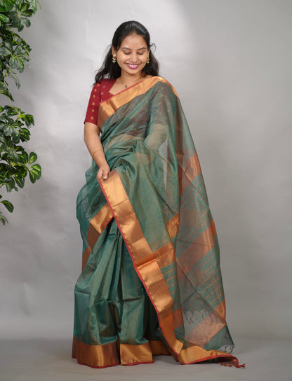 Sea Green Checks Handloom Maheswari Tissue Silk Cotton Sarees | Looms & Tassels