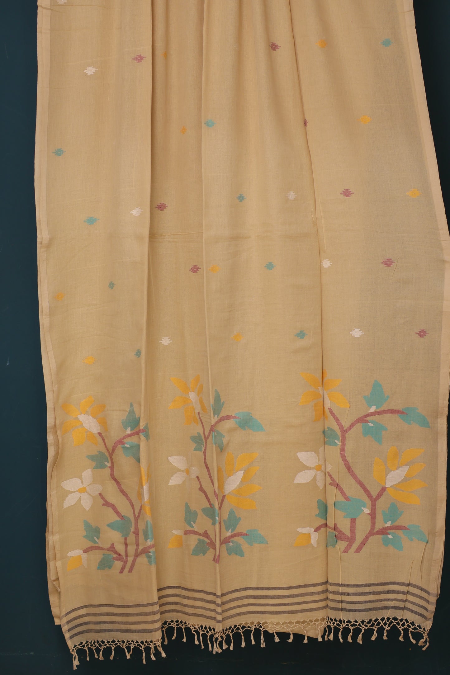Cream Pure Handwoven Jamdhani Malai Cotton Saree