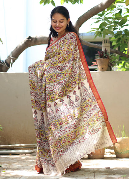 Hand Block Printed Kalamkari Nizam Border Silk Saree