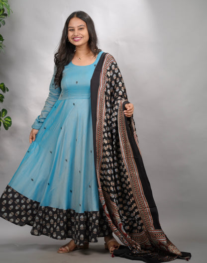 Sky Blue Ajrakh Patch Work Narayanpet Cotton Anarkali Dress with Ajrakh Modal Silk Dupatta | Looms & Tassels