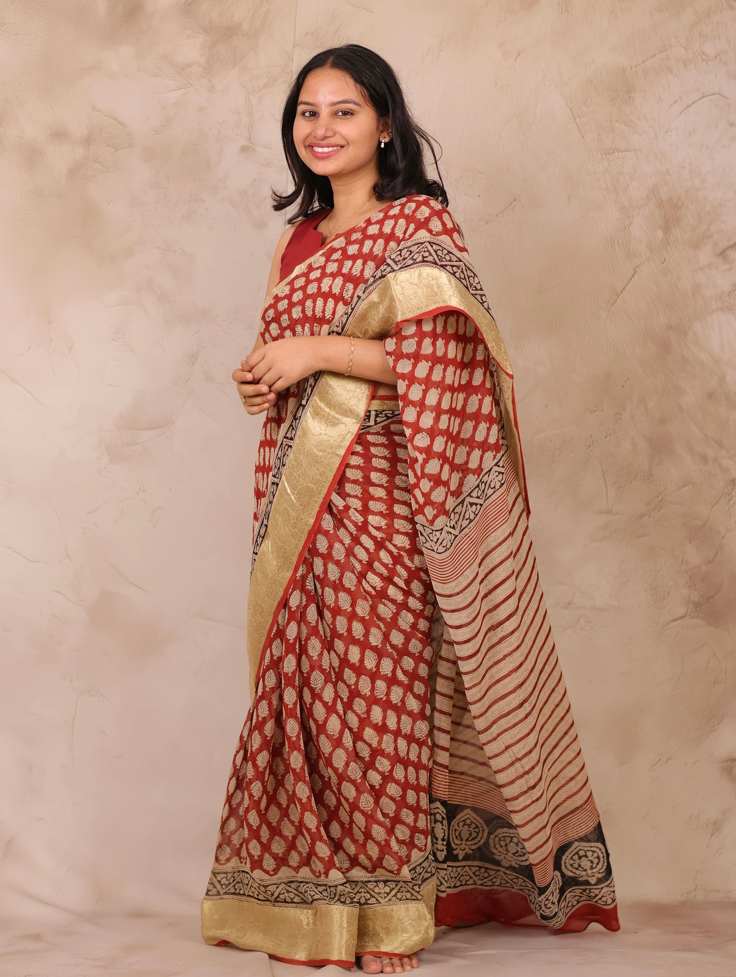 Maroon Chiffon Hand Block Printed Saree with Jari Border | Looms & Tassels