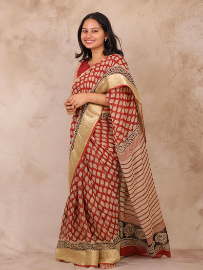 Maroon Chiffon Hand Block Printed Saree with Jari Border | Looms & Tassels