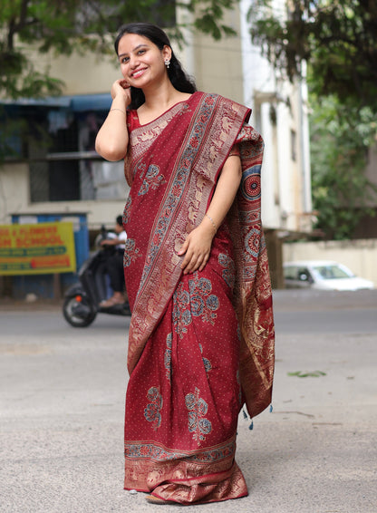 Maroon Ajrakh Dola Silk Saree