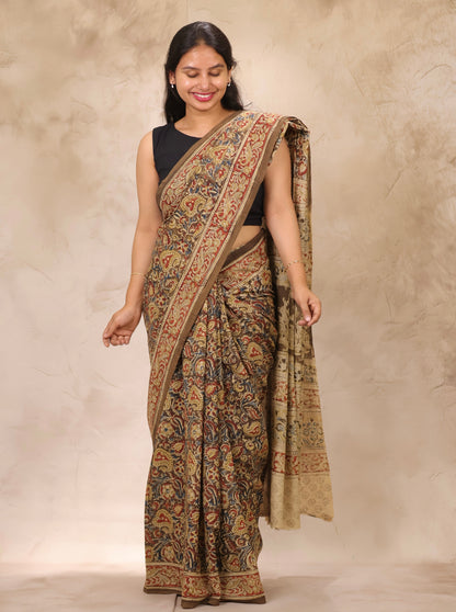 Mehndi Green Hand Block Printed Kalamkari Cotton Saree | Looms & Tassels