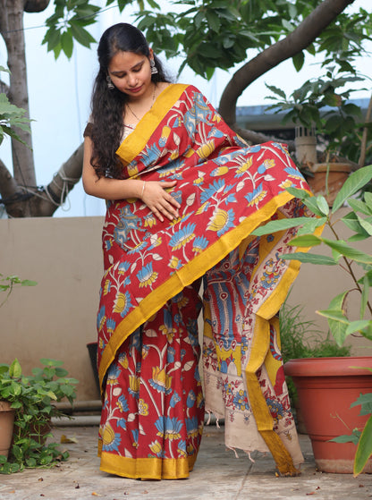 Red Lotus & Pichwai Kalamkari Silk Handcrafted Nizam Border Saree