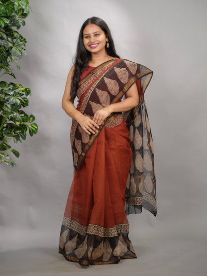 Maroon Pure Kota Doria Saree with Bagru Handblock Prints
