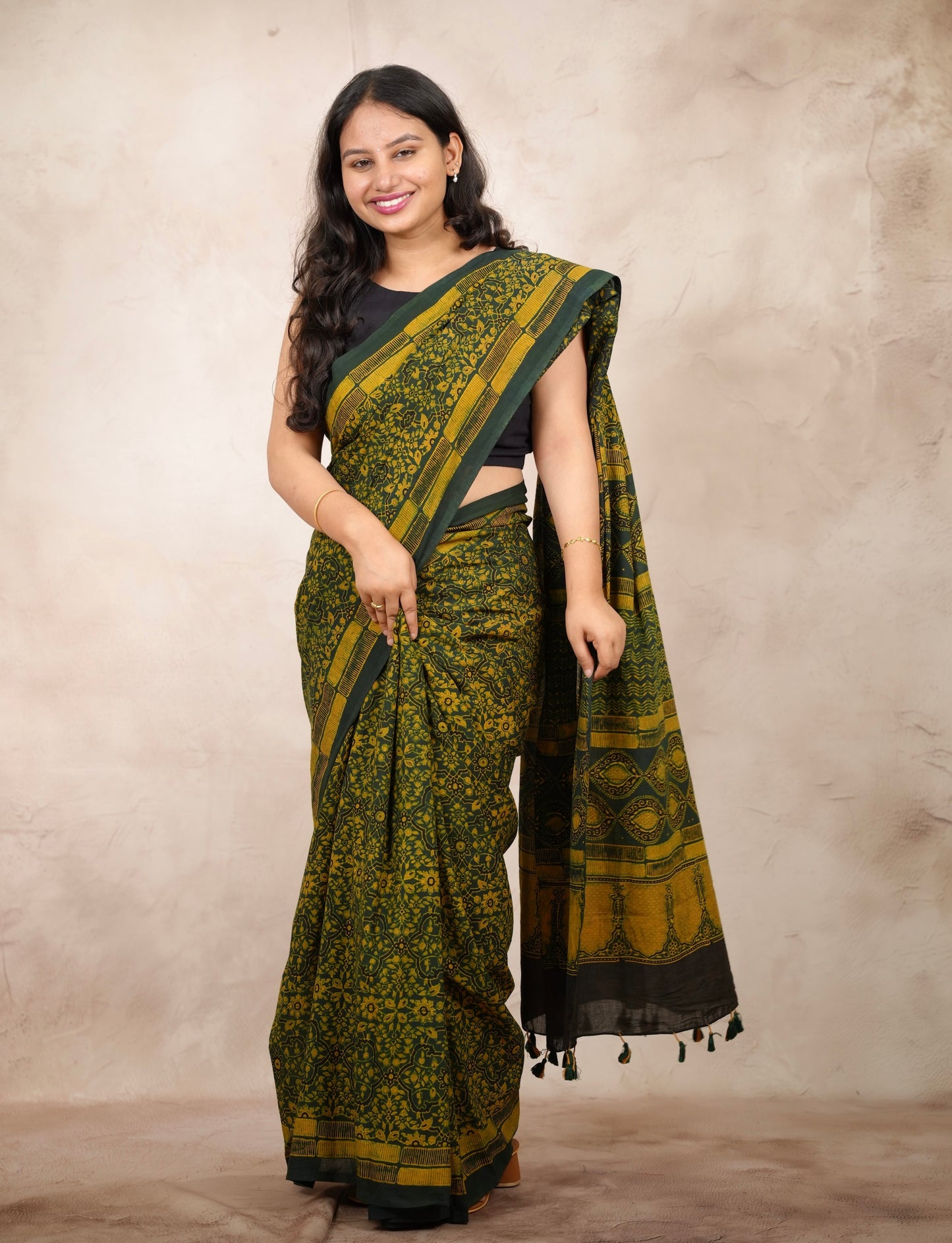 Green Ajrakh Hand Block Printed Cotton Saree | Looms & Tassels