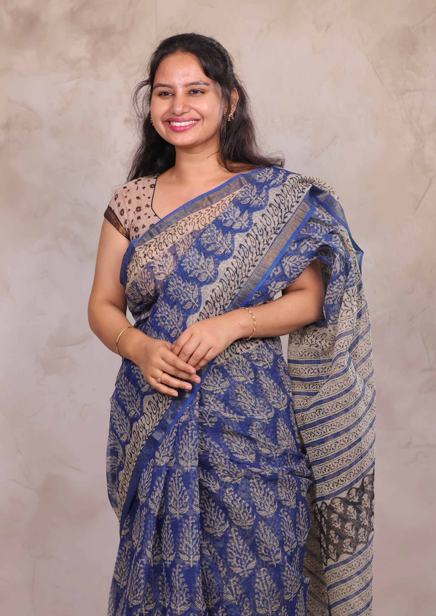 Blue Pure Kota Doria Saree with Bagru Handblock Prints | Looms & Tassels