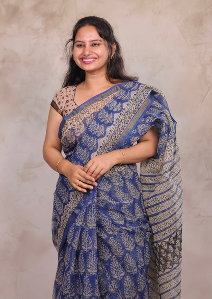 Blue Pure Kota Doria Saree with Bagru Handblock Prints | Looms & Tassels
