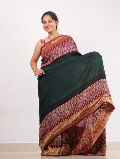 Green Ajrakh Dola Silk Saree