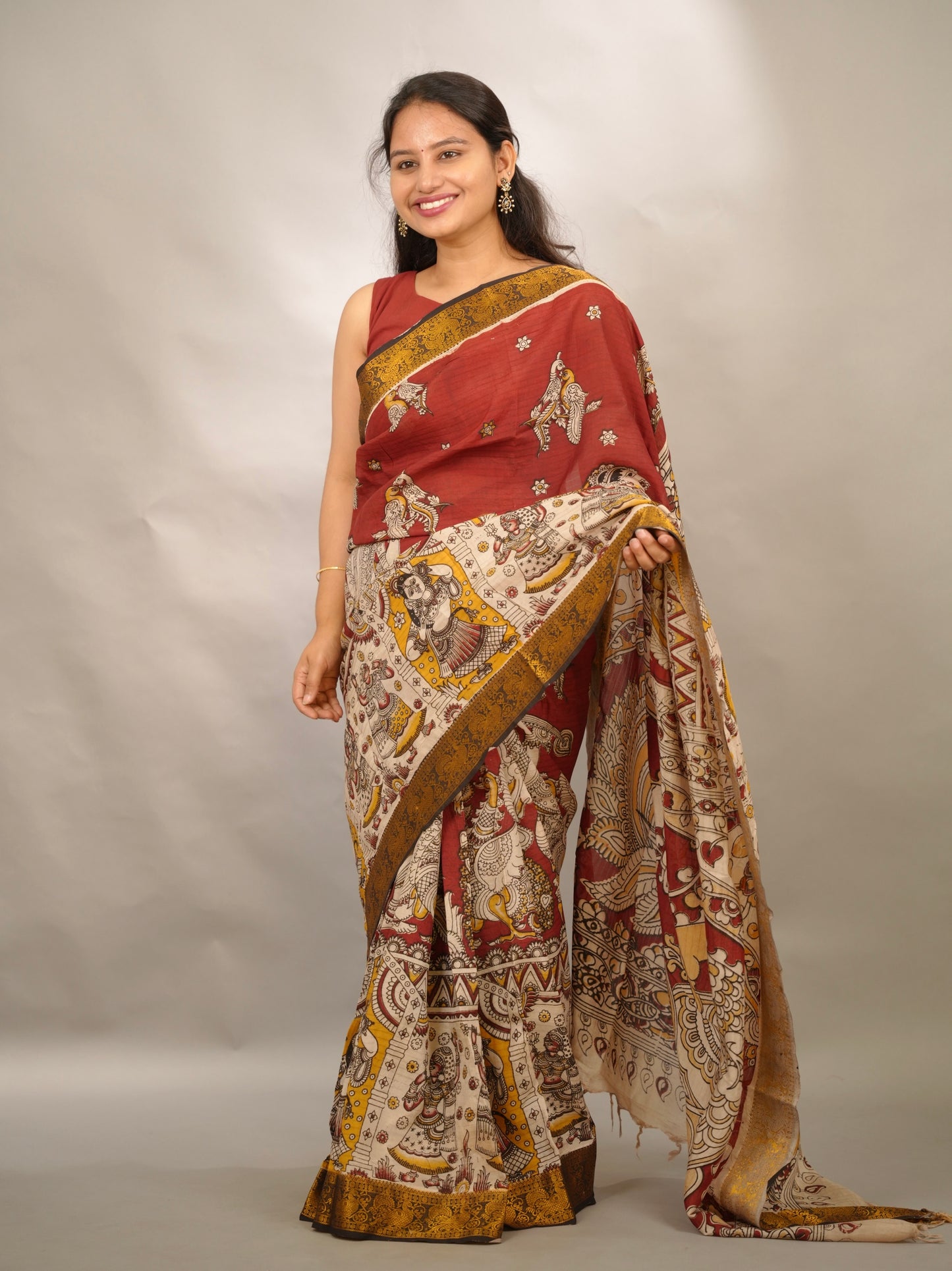 Maroon Kanchi border Kalamkari chennur silk saree | Looms & Tassels