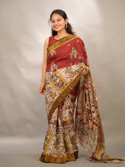 Maroon Kanchi border Kalamkari chennur silk saree | Looms & Tassels