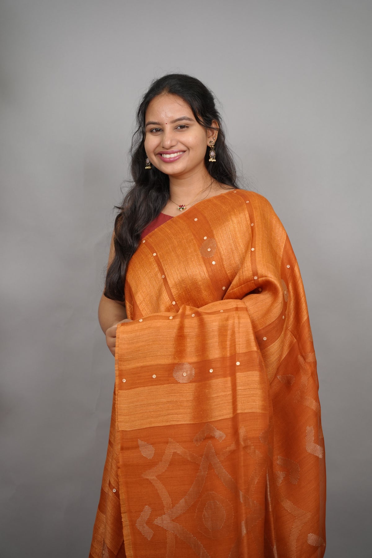 Rust Orange Handloom Jamdhani Pure Matka Silk Saree with Muslin Silk Pallu