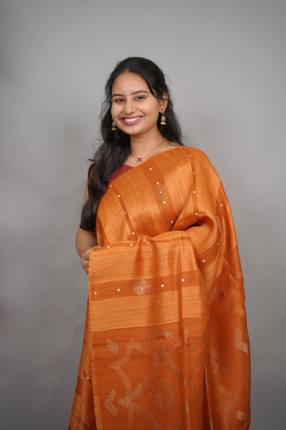 Rust Orange Handloom Jamdhani Pure Matka Silk Saree with Muslin Silk Pallu