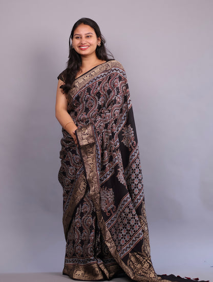 Black Floral Jal Motifs Ajrakh Handblock printed Dola Silk Saree | Looms & Tassels
