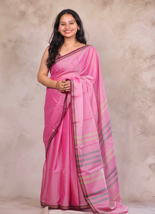 Pink Narayanpet Cotton Saree | Looms & Tassels
