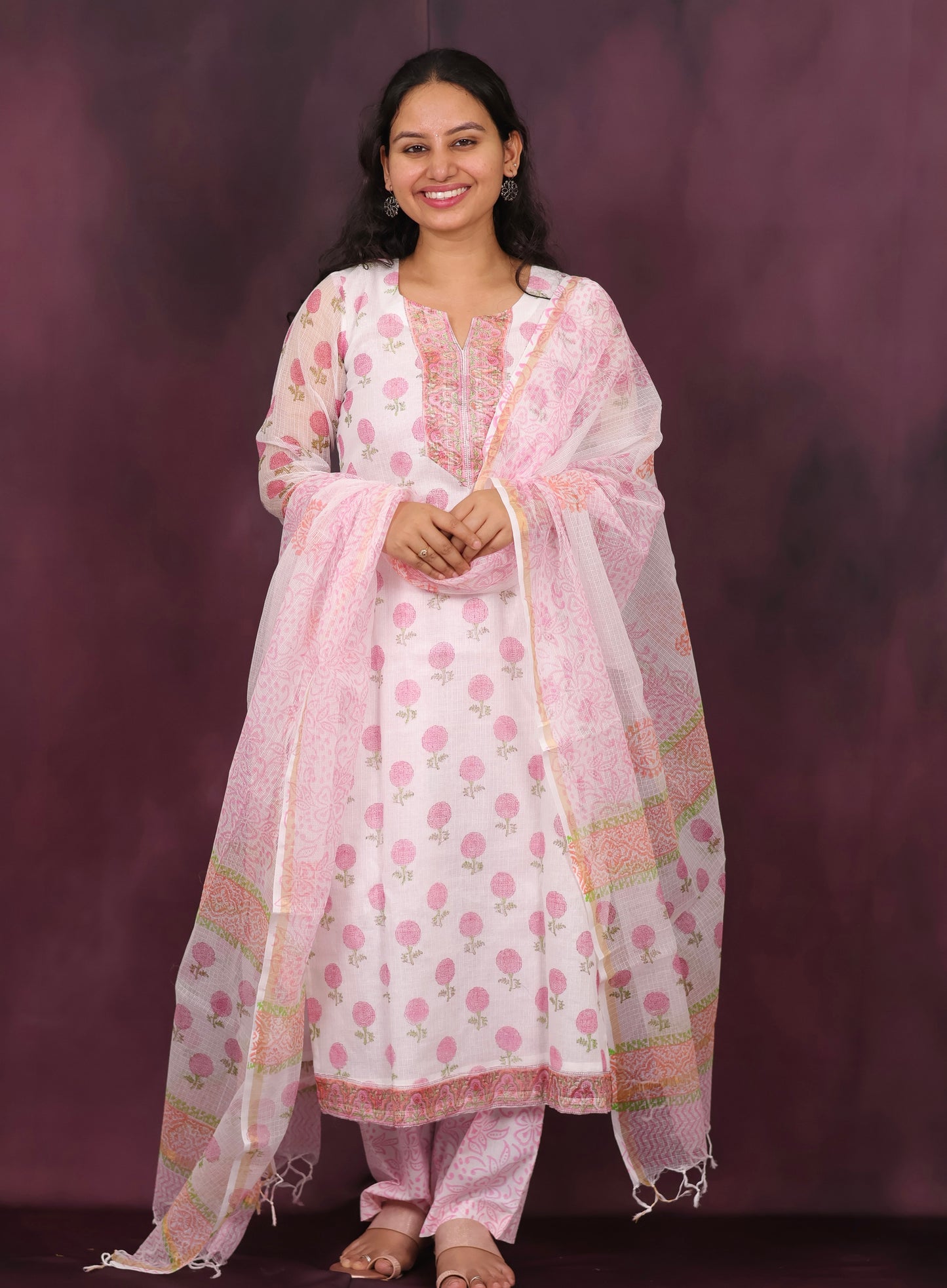 White Handblock printed kota 3 piece suit (stitched)