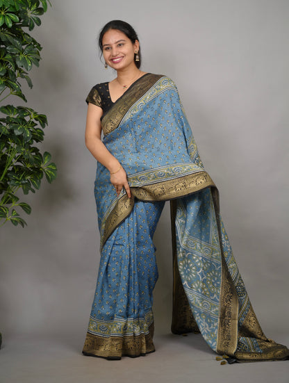 Ajrakh Dola Silk Saree - Blue | Looms & Tassels