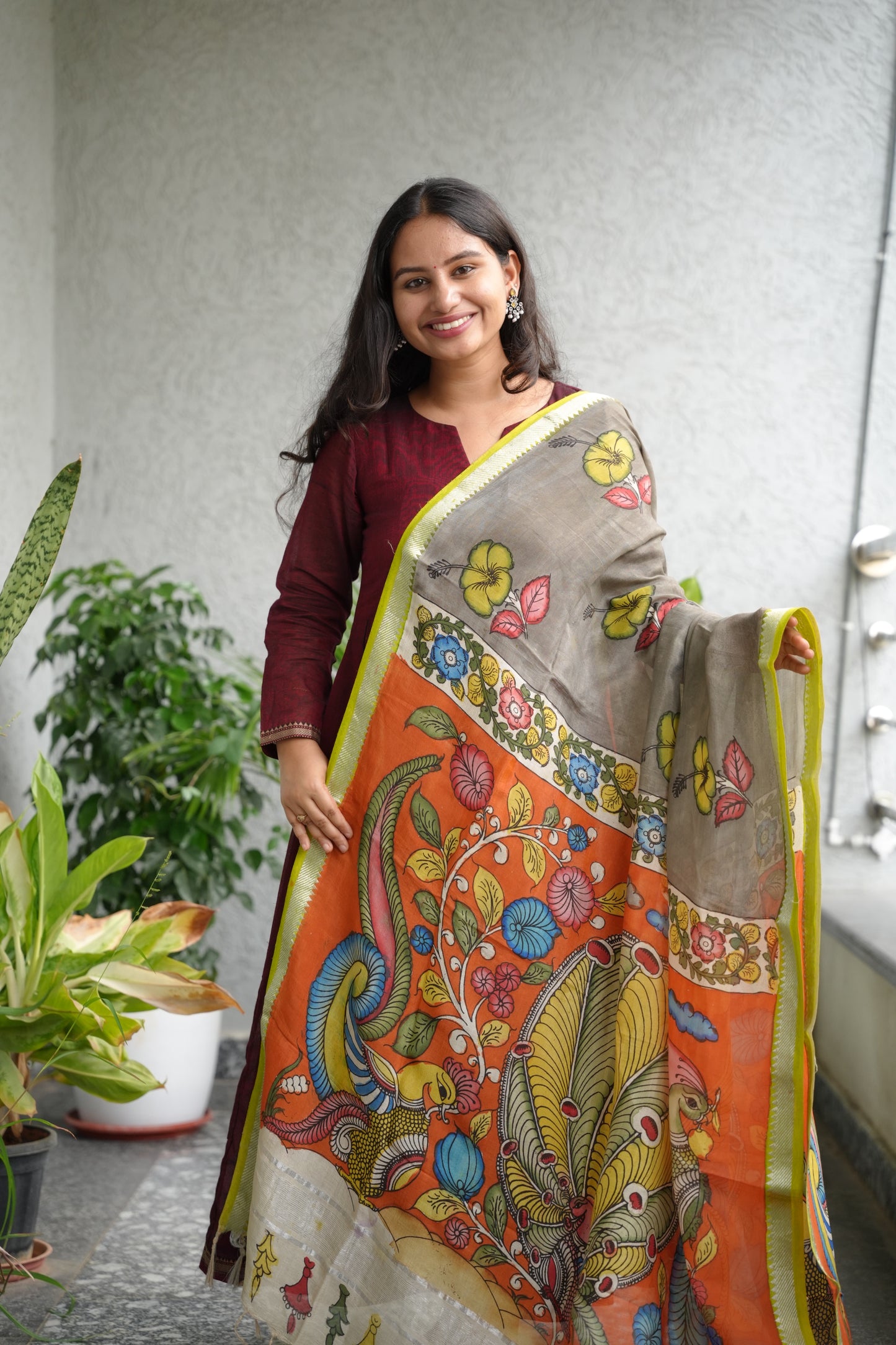 Grey Pen Kalamkari Mangalagiri silk Dupatta