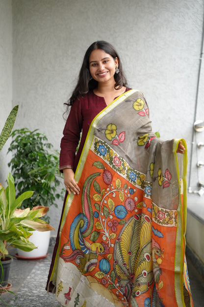 Grey Pen Kalamkari Mangalagiri silk Dupatta