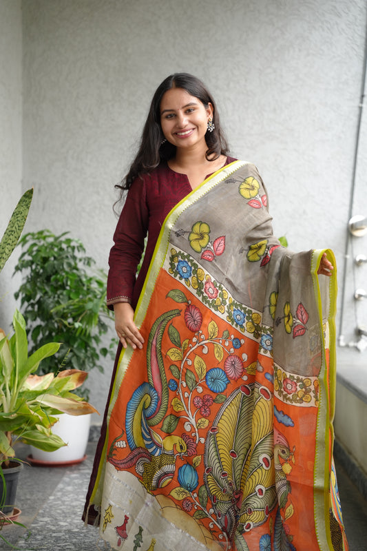 Grey Pen Kalamkari Mangalagiri silk Dupatta