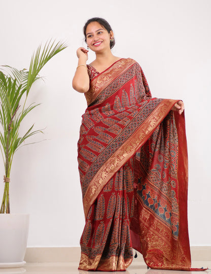 Red Ajrakh Dola Silk Saree