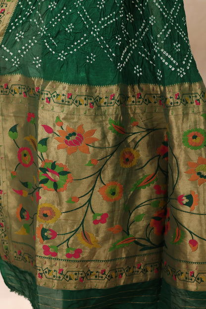 Green Handcrafted Pattern Bandhani Paithani Dola Silk Saree | Looms & Tassels