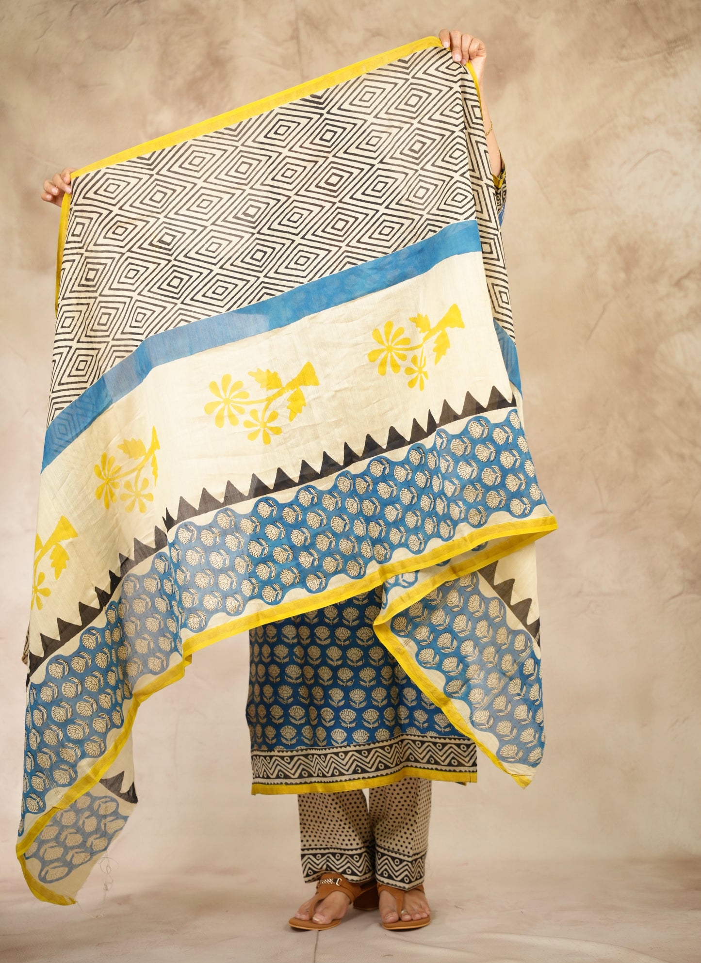 Blue Handblock printed Pure Chenderi Silk 3 piece suit (stitched) |  Looms & Tassels