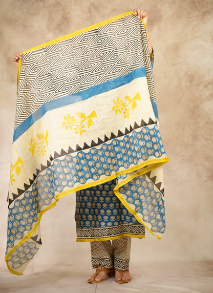 Blue Handblock printed Pure Chenderi Silk 3 piece suit (stitched) |  Looms & Tassels