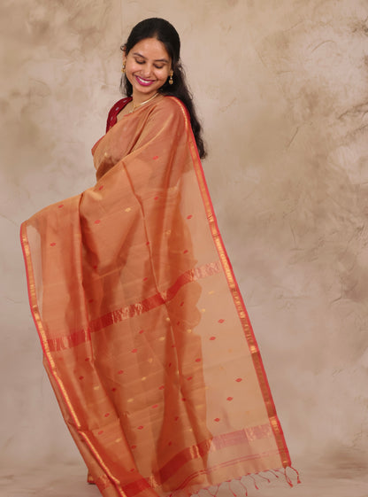 Peach Handloom Maheswari Silk Cotton Sarees | Looms & Tassels