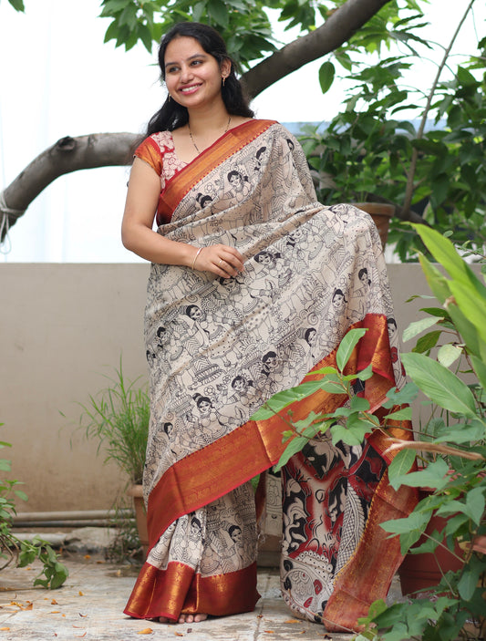 Cream Outline Kanchi border Kalamkari chennur silk saree