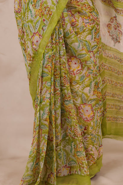 Green Chiffon Hand Block Printed Saree | Looms & Tassels